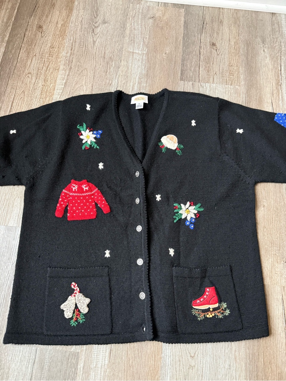 VTG Talbots Embroidered Holiday Button Up Wool Cardigan Sweater Black Size XL